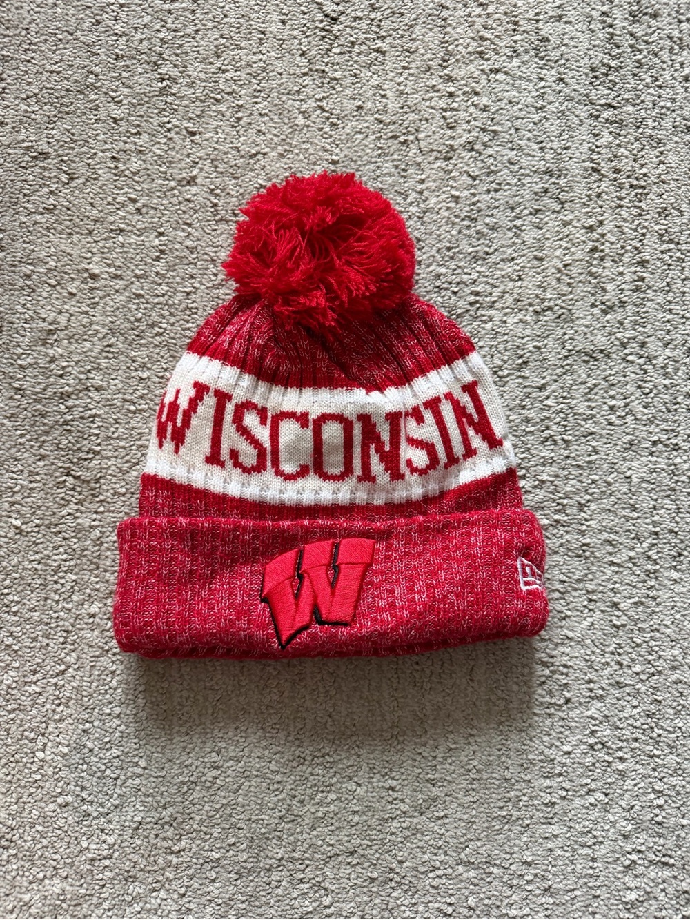 New Era Wisconsin Red and White Pom Knit Beanie
